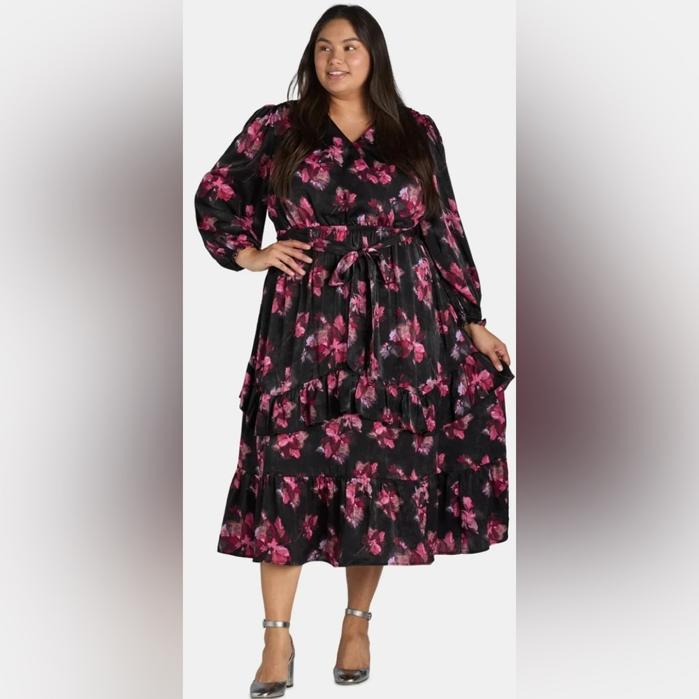 Terra & Sky Black and Pink Floral Long Sleeve Dress